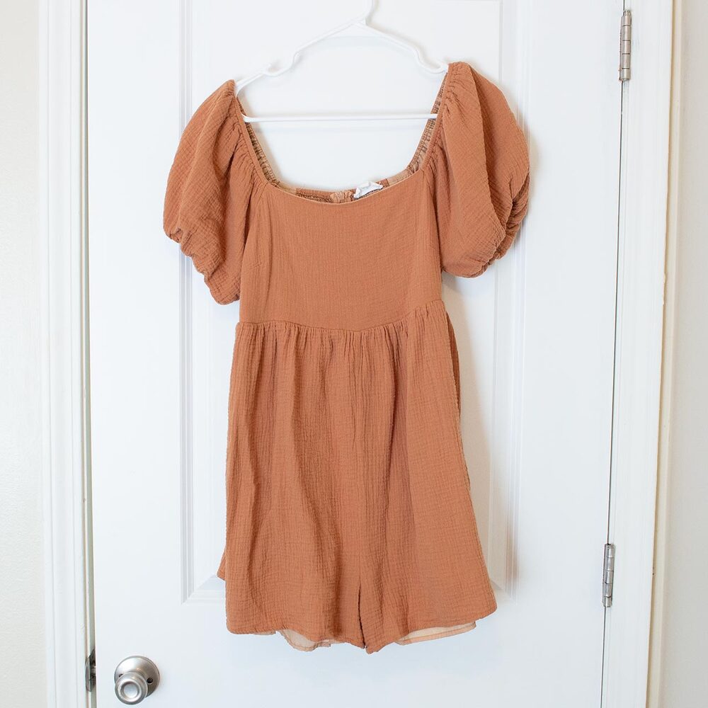 L &merci Cottagecore Soft Orange Puff Sleeve Jumper 100% Cotton Shell Pockets